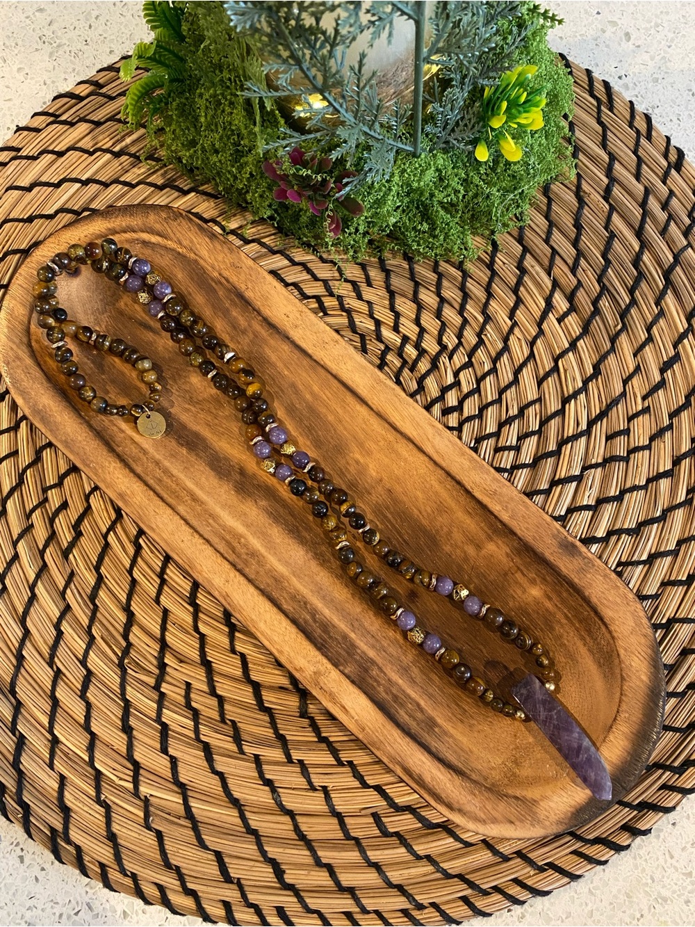 Handmade Tiger Eye and Amethyst plate pendant Beaded Necklace - Unisex